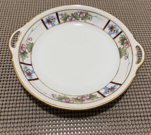 Antique Hand Painted Nippon Floral Porcelain Small Dish Gold Trim Handles